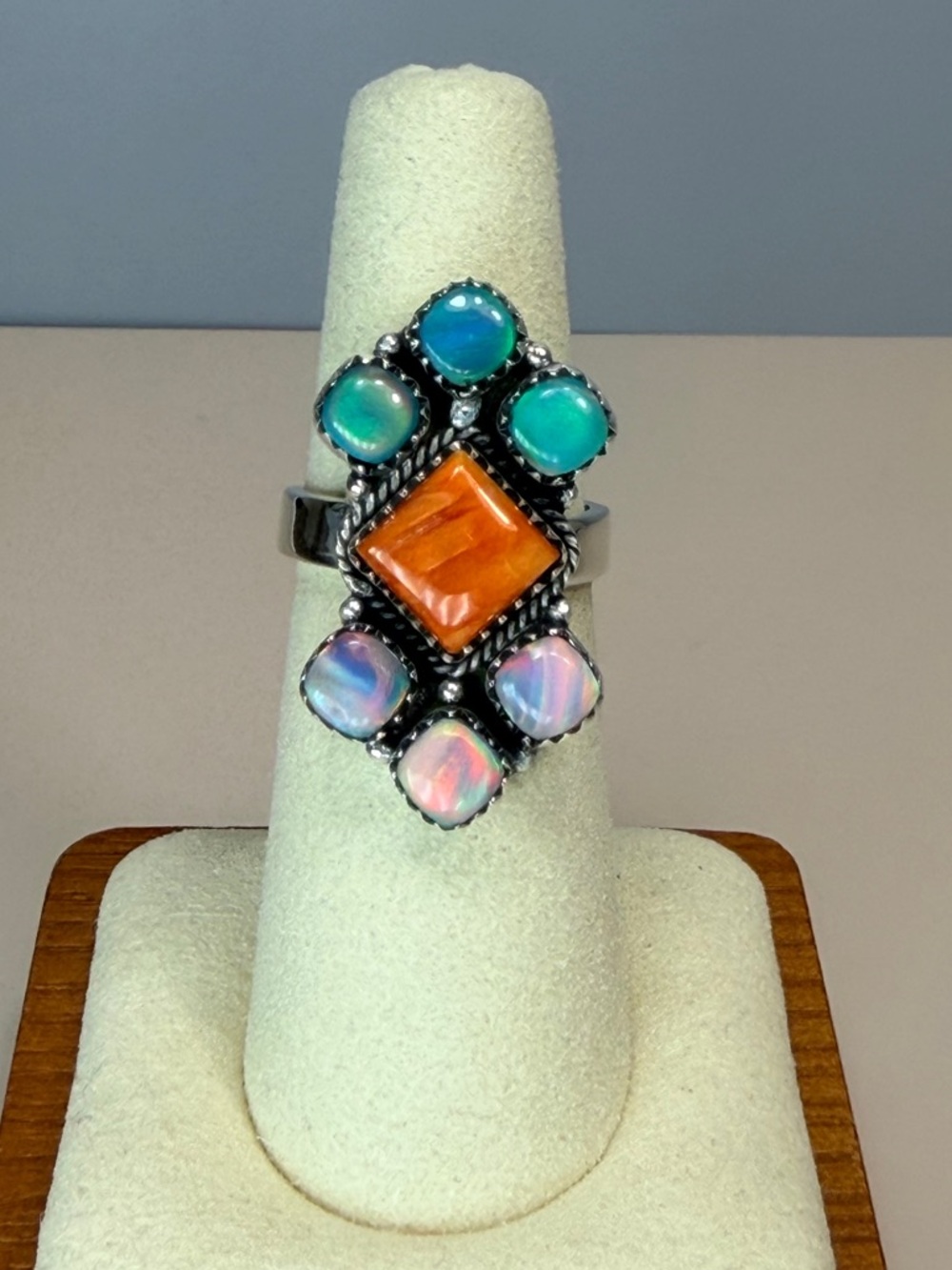 925 Sterling Spiny Oyster Australian Opal Statement Ring
